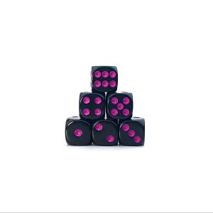 black acrylic d6 dice, purple dot.